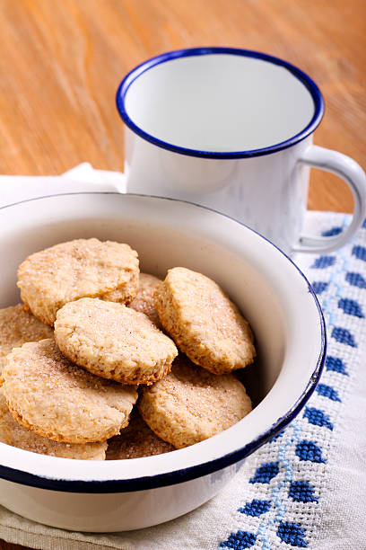 Cinnamon shortbread cookies in a bowl and milk