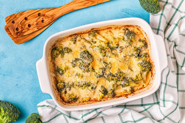 Broccoli gratin in a baking dish, top view.