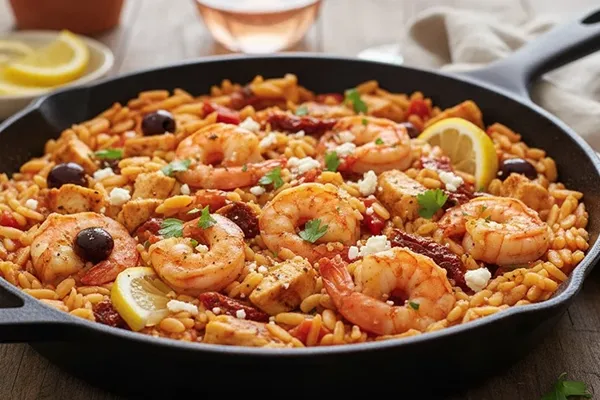 Mediterranean Shrimp and Protein Orzo Skillet in Chandler AZ